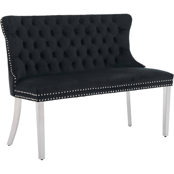 Upholstered Banquette with Back, Tufted Loveseat with Stainless Steel Legs and Nailhead Trim, Dining Room or Entryway Seating (Black)