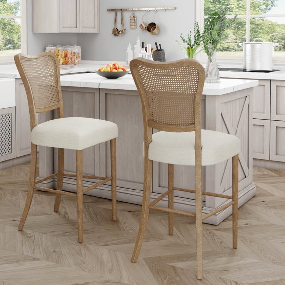 Upholstered Bar Stools (2 Pieces) | Add Elegance to Kitchen Counter or Living Room | Fabric and Cane Detailing | Ensure Comfortable Seating