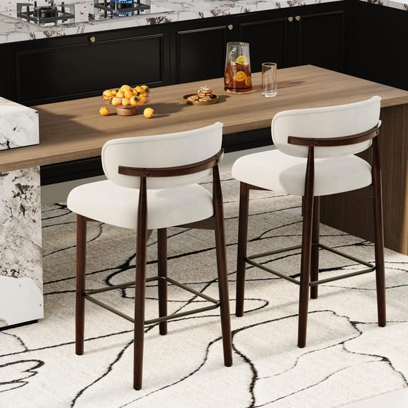 Upholstered Bar Stools Set of 2, 26″ Counter Height Bar Stools with Wood Legs, Kitchen Island Stools with Back, Linen Fabric , Curved Back, Metal Footrest, for Kitchen Island Dining Room Bar, Beige