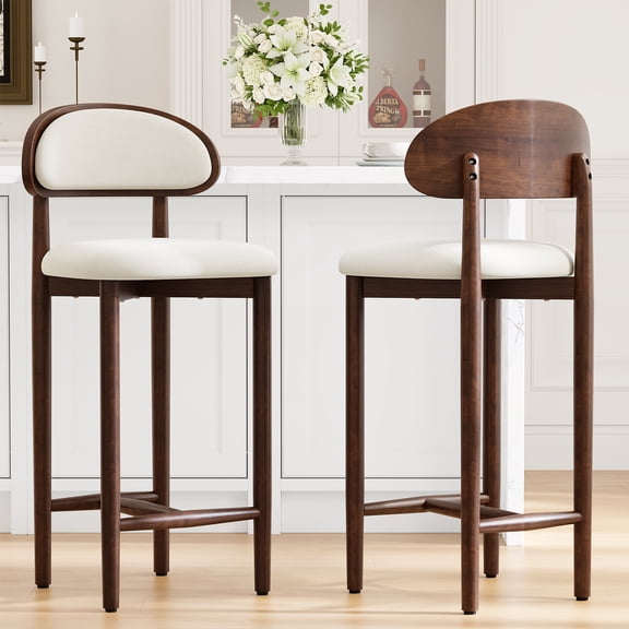 Upholstered Bar Stools Set of 2, 26 inch Counter Height Stools with Wood Legs, Linen Fabric, Curved Back, Metal Footrest for Kitchen Island, Dining Room, Bar