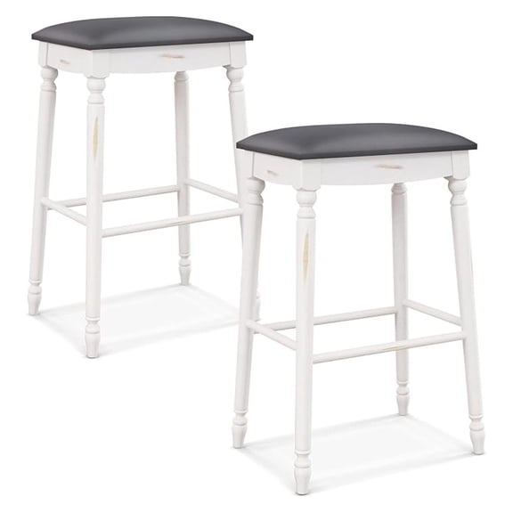 Upholstered Bar Stools Set of 2, 29-Inch Backless Counter Height Dining Stools with Delicate Wood Carving, Footrest, Solid Rubber Wood Frame, Farmhouse BarStools for Kitchen Island Bar, White