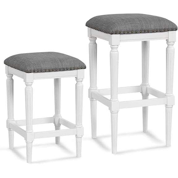 Upholstered Bar Stools Set of 2, 31/27/19 3-Height Adjustable Square Backless Counter Saddle Stools with Footrests, Padded Seats, Rubber Wood Frame, Dining Stools for Kitchen Island