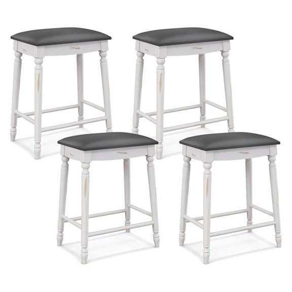 Upholstered Bar Stools Set of 4, 24-Inch Backless Counter Height Dining Stools with Delicate Wood Carving, Footrest, Solid Rubber Wood Frame, Farmhouse BarStools for Kitchen Island Bar, White