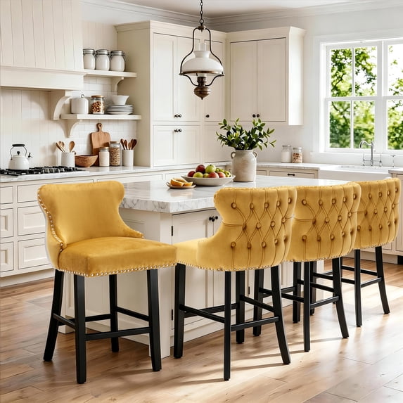 Bar Stool Set of 4, 26" Counter Height Bar Stools with Back, LEGAHOME Velvet Upholstered Gold Bar Stool with Button Tufted & Wooden Legs, Bar Stools Chair for 35-39" Kitchen Island Counter
