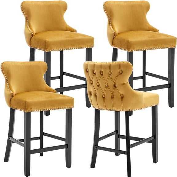 Bar Stool Set of 4, Legahome 26" Counter Height Bar Stools with Back, Velvet Upholstered Bar Stool with Button Tufted & Wooden Legs, Bar Stools Chair for 35-39" Kitchen Island Counter, Gold