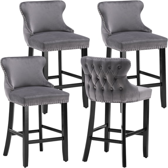 Bar Stool Set of 4, Legahome 26" Counter Height Bar Stools with Back, Velvet Upholstered Bar Stool with Button Tufted & Wooden Legs, Bar Stools Chair for 35-39" Kitchen Island Counter, Gray
