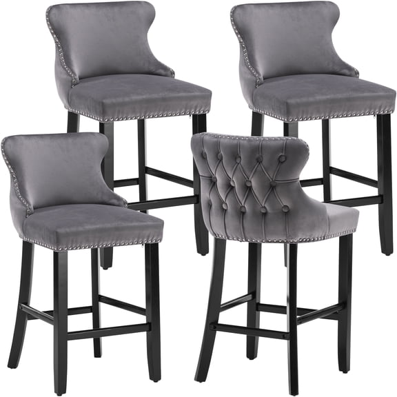 Bar Stool Set of 4, Legahome 26" Bar Stools with Back, Velvet Upholstered Counter Height Bar Stool with Button Tufted & Wooden Legs, Kitchen Island Counter Height Chair with Footrest, Gray