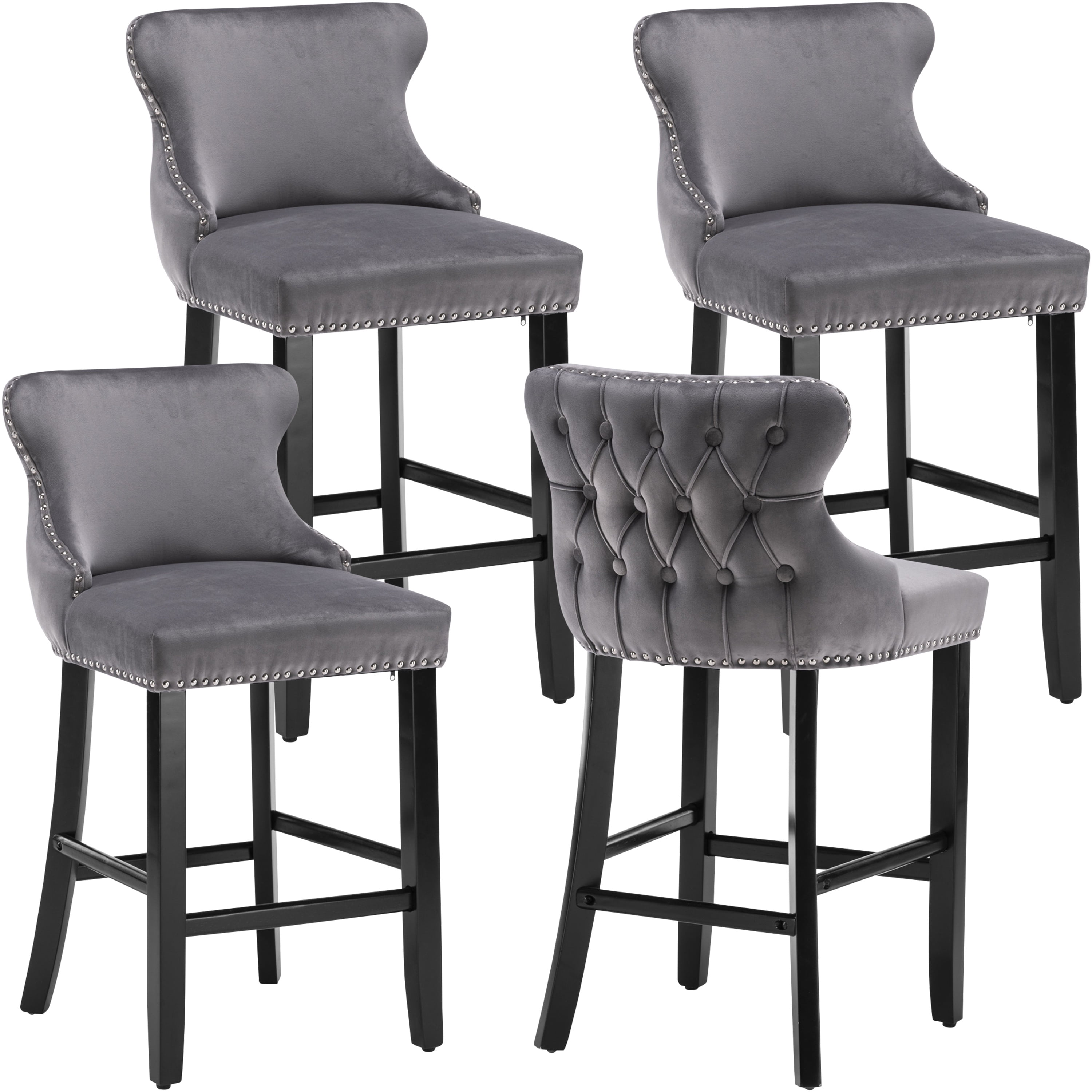 Bar Stool Set of 4, Legahome 26" Counter Height Bar Stools with Back, Velvet Upholstered Bar Stool with Button Tufted & Wooden Legs, Bar Stools Chair for 35-39" Kitchen Island Counter, Gray