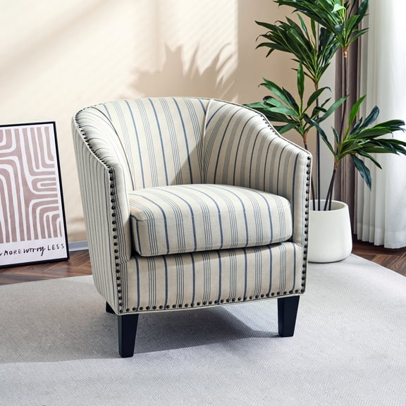 Upholstered Barrel Chair with Blue Stripes | Perfect for Home Room Relaxation | Fabric Material and Studded Details | Quick Assembly with Legs