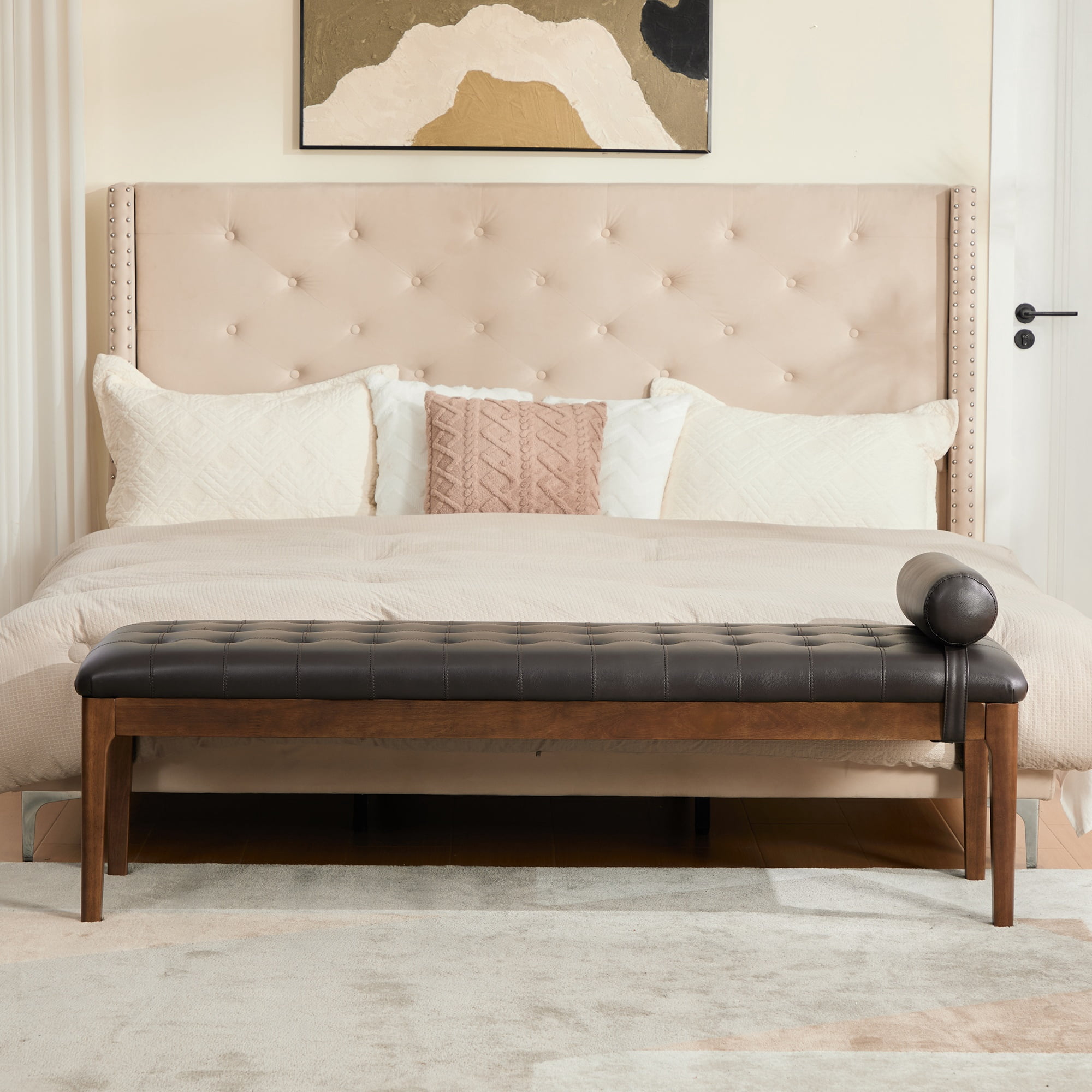 Upholstered Bed Bench 66 Inch, Button Tufted Faux Leather Bench with Dark Walnut Legs, End of Bed Bench for Bedroom and Entryway, Coffee