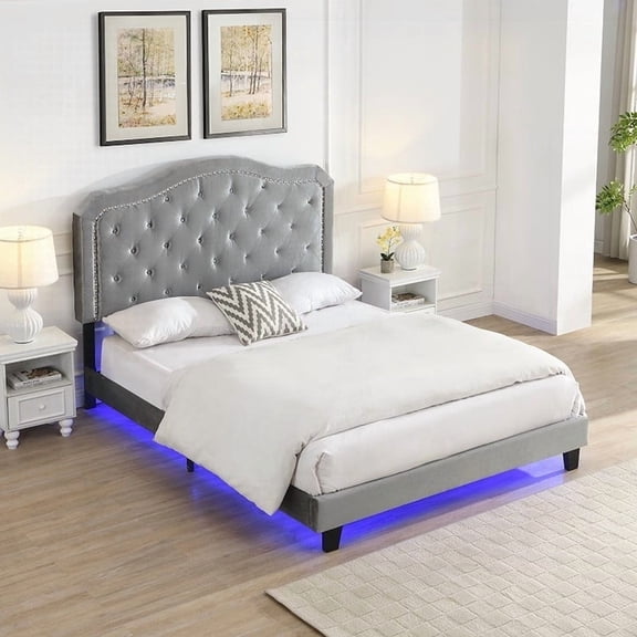 Queen Upholstered Bed with Curve Design and Button Tufting - Stable Slat Support and Easy Assembly - Light Grey Velvet Bed with LED Lights