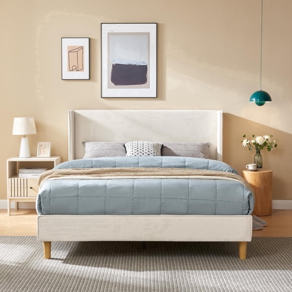 Zanmintaobo Full Corduroy Platform Bed Frame with 42.5" Upholstered Wingback Headboard, Metal & Wood Slats,No Box Spring Needed, Cream