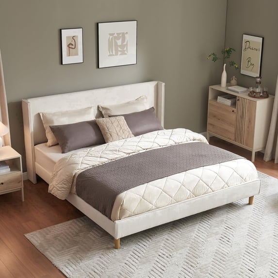 Zanmintaobo King Corduroy Platform Bed Frame with 42.5" Upholstered Wingback Headboard, Metal & Wood Slats,No Box Spring Needed, Cream