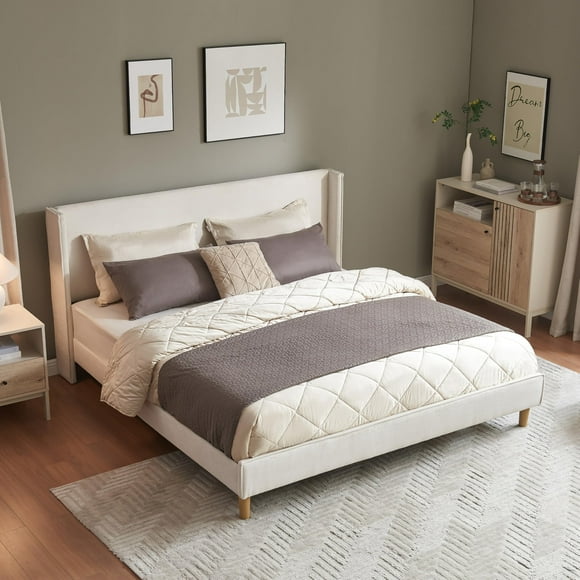 Upholstered Bed Frame with 42.5" High Wingback Headboard, Velvet Fabric, Strong Metal & Wooden Slats Support, No Box Spring Needed, Easy Assembly, Cream, King