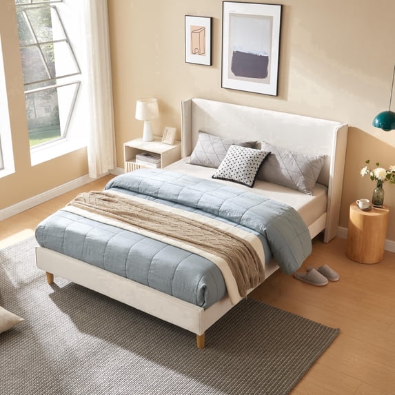 Zanmintaobo Queen Corduroy Platform Bed Frame with 42.5" Upholstered Wingback Headboard, Metal & Wood Slats,No Box Spring Needed, Cream