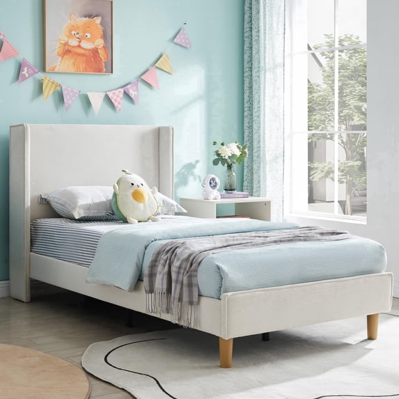 Zanmintaobo Twin Corduroy Platform Bed Frame with 42.5" Upholstered Wingback Headboard,Metal & Wood Slats, No Box Spring Needed,Cream