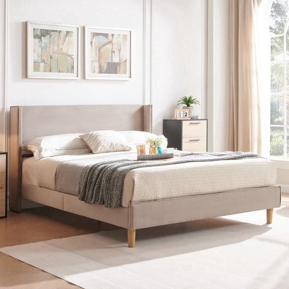 Zanmintaobo Full Corduroy Platform Bed Frame with 42.5" Upholstered Wingback Headboard, Metal & Wood Slats,No Box Spring Needed,Mink