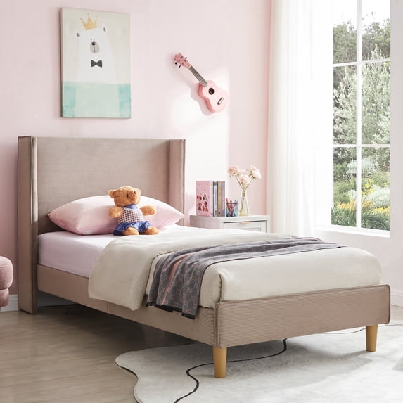 Zanmintaobo Twin Corduroy Upholstered Bed with 42.5" Wingback Headboard,Metal & Wood Slats,No Box Spring Needed,Easy Assembly,Mink