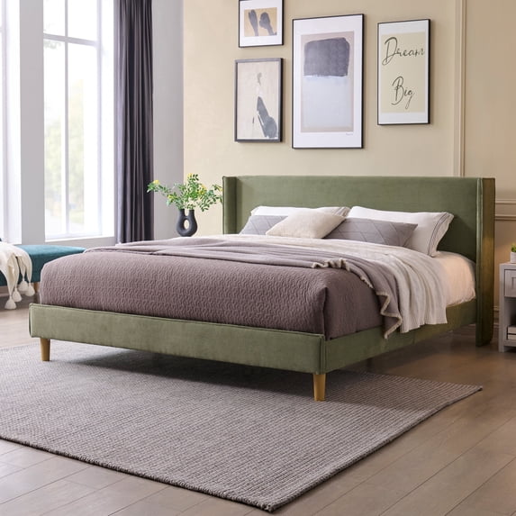 Zanmintaobo King Corduroy Platform Bed Frame with 42.5" Upholstered Wingback Headboard, Metal & Wood Slats,No Box Spring Needed, Turtle Green