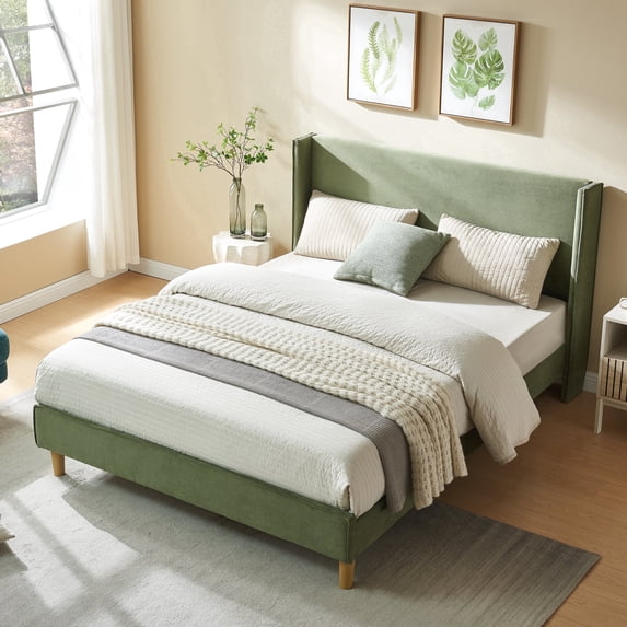 Zanmintaobo Queen Corduroy Platform Bed Frame with 42.5" Upholstered Wingback Headboard,Metal & Wood Slats, No Box Spring Needed,Turtle Green