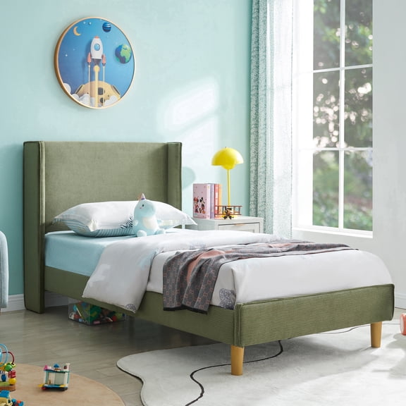 Zanmintaobo Twin Corduroy Platform Bed Frame with 42.5" Upholstered Wingback Headboard, Metal & Wood Slats,No Box Spring Needed,Turtle Green