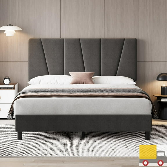 Upholstered Bed Frame with Adjustable Headboard, Linen or Velvet Platform Bed, Wooden Slat Support, Noise-Free Design, No Box Spring Needed, Easy Assembly, Full, Dark Gray