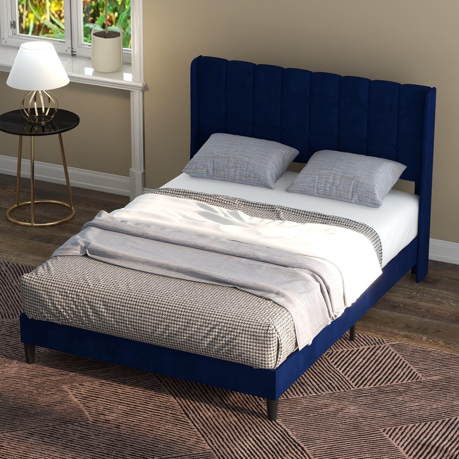 Upholstered Bed Frame Full Size with Tufted Headboard and Wingback ...