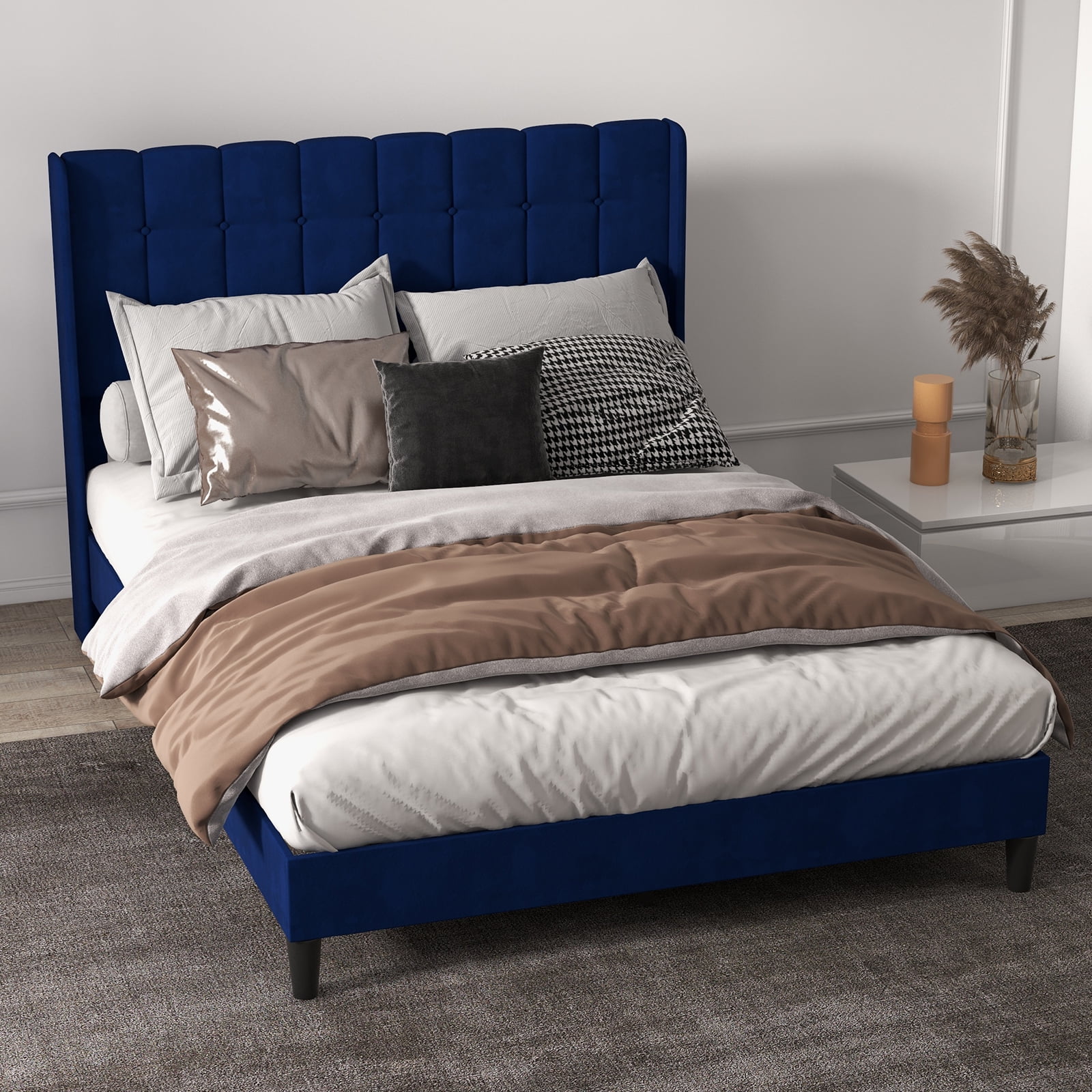 Upholstered Bed Frame Full Size with Tufted Headboard and Wingback ...