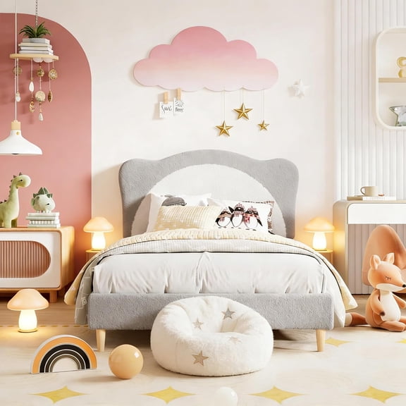 Platform Bed Frame with Panda Headboard, Soft Upholstery for Bedroom,Twin,Light gray&White