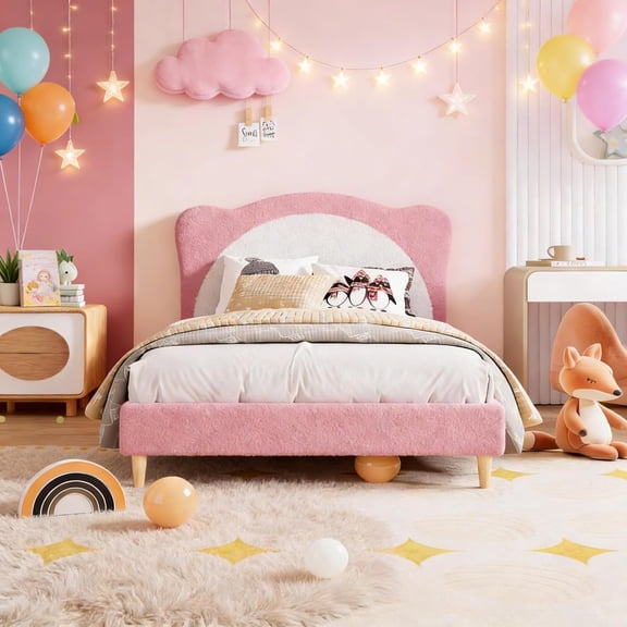 Platform Bed Frame with Panda Headboard, Soft Upholstery for Bedroom,Twin,Pink&White