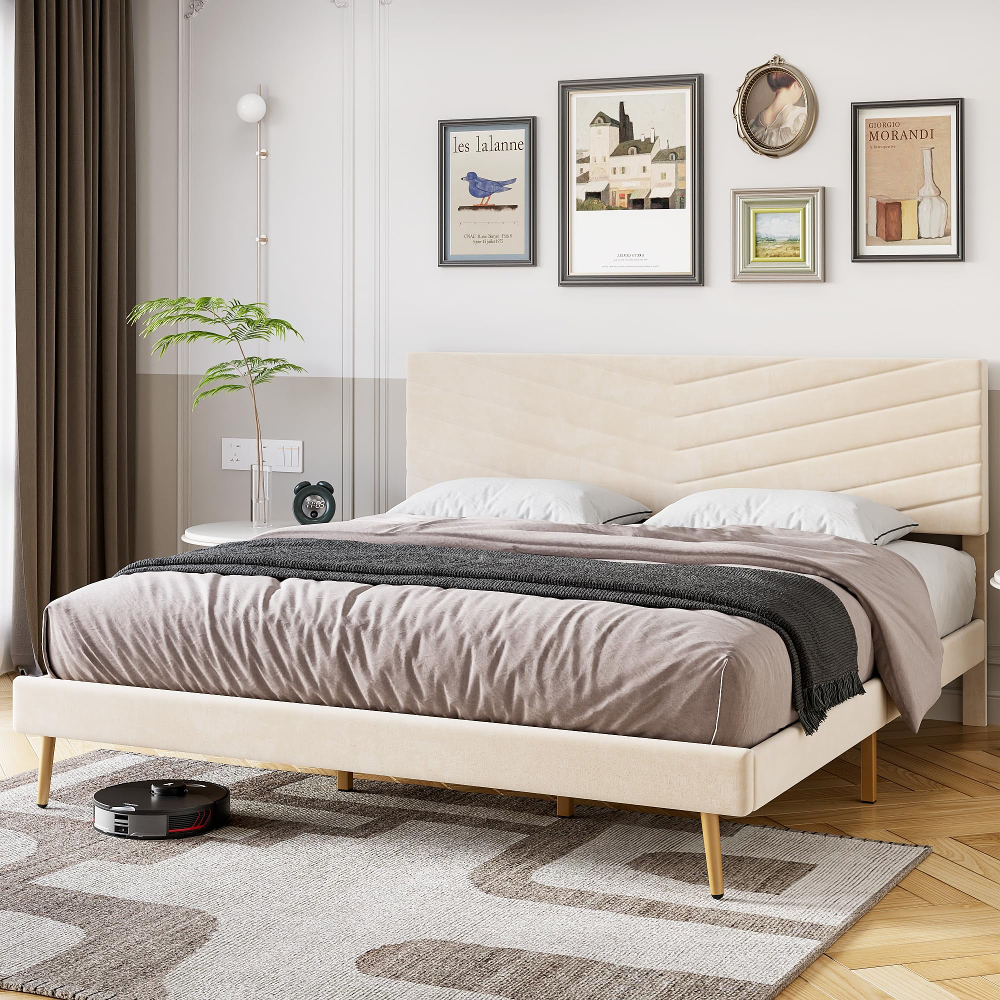 Upholstered Bed Frame King Size, Velvet Bed Frame King with Adjustable Headboard, Platform Bed Frame and Headboard, Noise-Free, No Box Spring Needed