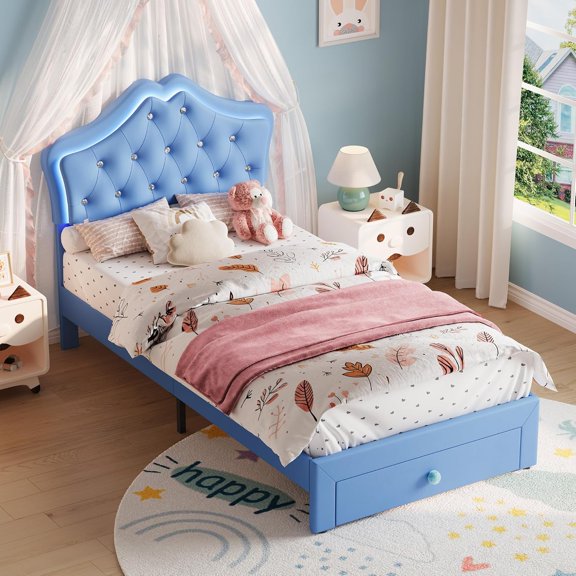 Upholstered Bed Frame with LED Headboard and Storage Drawer, Velvet Platform Bed with Crystal Tufted Headboard, Noise-Free Wood Slat Support, No Box Spring Needed,Twin,Blue