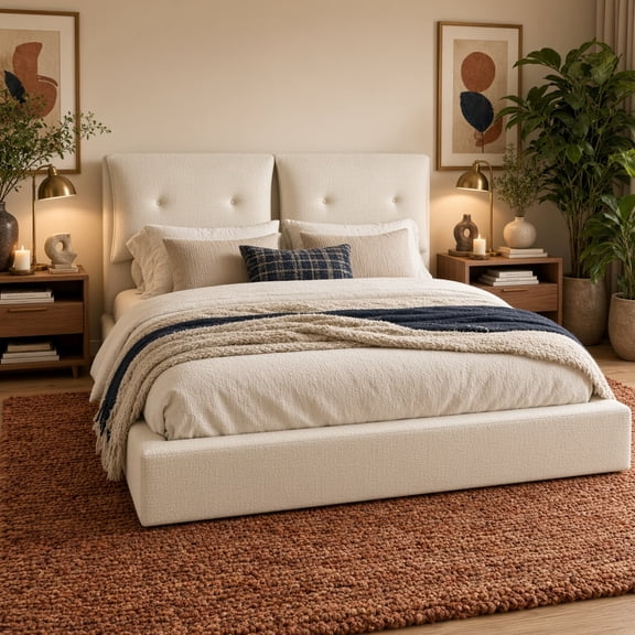 Upholstered Bed Frame, a Low Cloud-Style Bed Frame with Double-Layered Upholstered Headboard, 360° Soft Foam Edging, Metal Base, Easy to Assemble, Queen Size, White