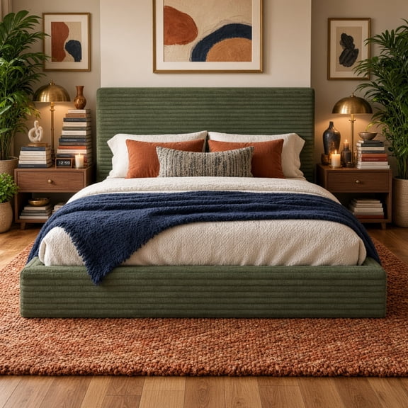 Upholstered Bed Frame, a Low-Profile Cloud-Style Bed Frame Featuring an Upholstered Headboard, 360° Foam Edging, and a Metal Base; Easy to Assemble; Queen Size,Green