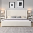 thumbnail image 1 of Upholstered Bed Frame, Modern Wingback Fabric Platform Bed with Tall Headboard, Sturdy King Size Bed Frame No Box Spring Needed, Bedroom Furniture, White, 1 of 8