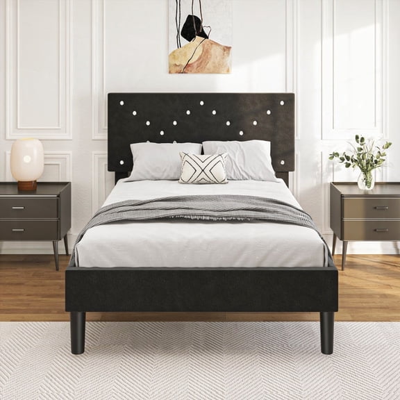 Upholstered Bed Frame - No Box Spring Needed, Solid Wood Slats for Stability