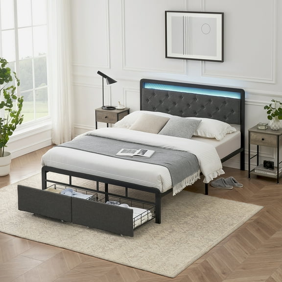 Upholstered Bed Frame Queen with 2 Storage Drawers, Button Tufted Headboard and LED Lights, Queen Bed Frame with Mattress Foundation Strong Wooden Slats Support, No Box Spring Needed