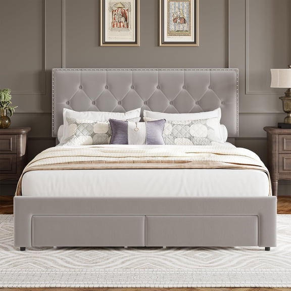 Upholstered Bed Frame Queen with Headboard and Storage, Velvet Tall Bed Frame with 2 Drawers, Tufted Wingback Bed Frame Queen LED Light, Charging Station, No Box Spring Needed