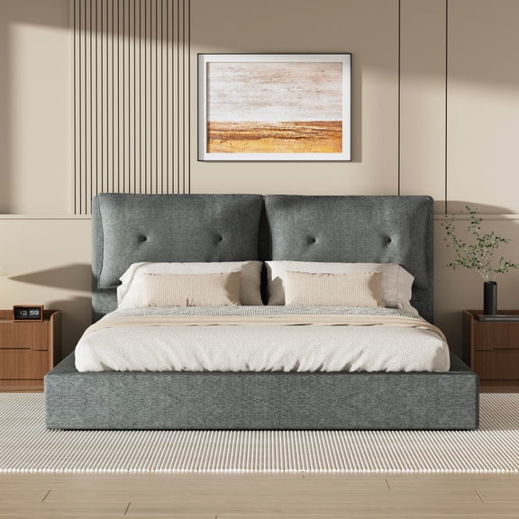 Upholstered Bed Frame, Queen Size Cloud-Soft Chenille Bed with 360° Foam Edging & Metal Base, No Box Spring Needed, Gray