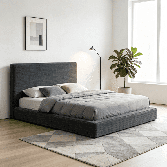 Upholstered Bed Frame, Queen Size Cloud-Style Bed with Upholstered Headboard, 360° Foam Edging & Metal Base, No Box Spring Needed, Easy Assembly, Grey