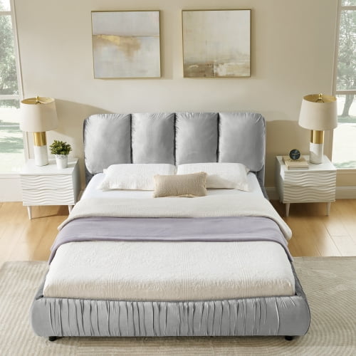 Upholstered Bed Frame Queen Size Modern Minimalist, Segmented Plump Headboard with Shiny Velvet Fabric and Sturdy Leg Support for Bedroom, Gray