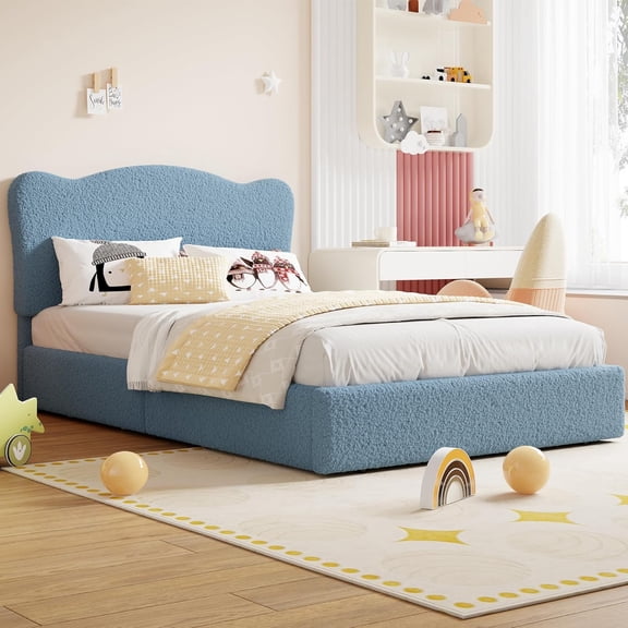 Upholstered Platform Bed Frame with Plush velvet and cute headboard add warmth and playful style, Low-profile design ensures safe, easy access for Bedroom,Full,Blue