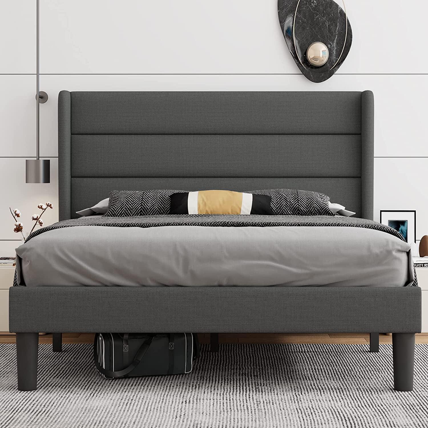 Upholstered Bed Frame with Wingback Platform Bed Frame with Storage ...