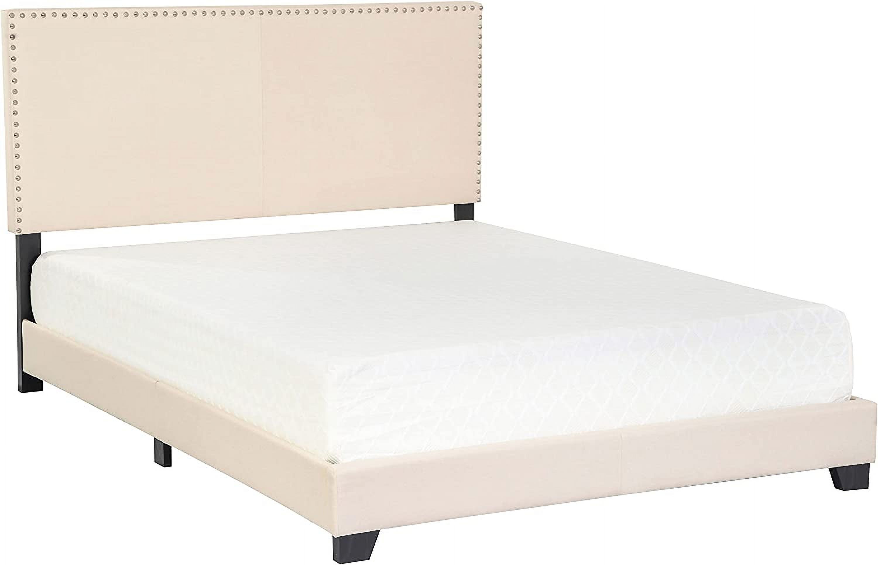 Upholstered Bed Frame and Headboard, Modern Padded Nailhead, Wood Slats