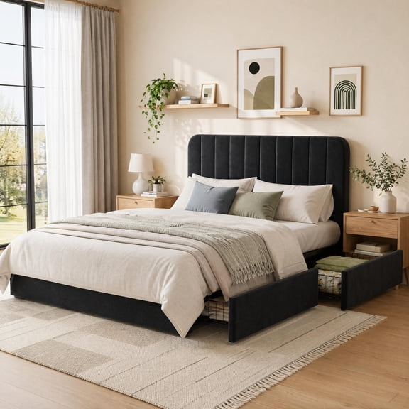 Upholstered Bed Frame with 4 Drawers - Velvet Platform Storage Bed, Vertical Channel Headboard, No Box Spring Needed, Wood Slats, Easy Assembly