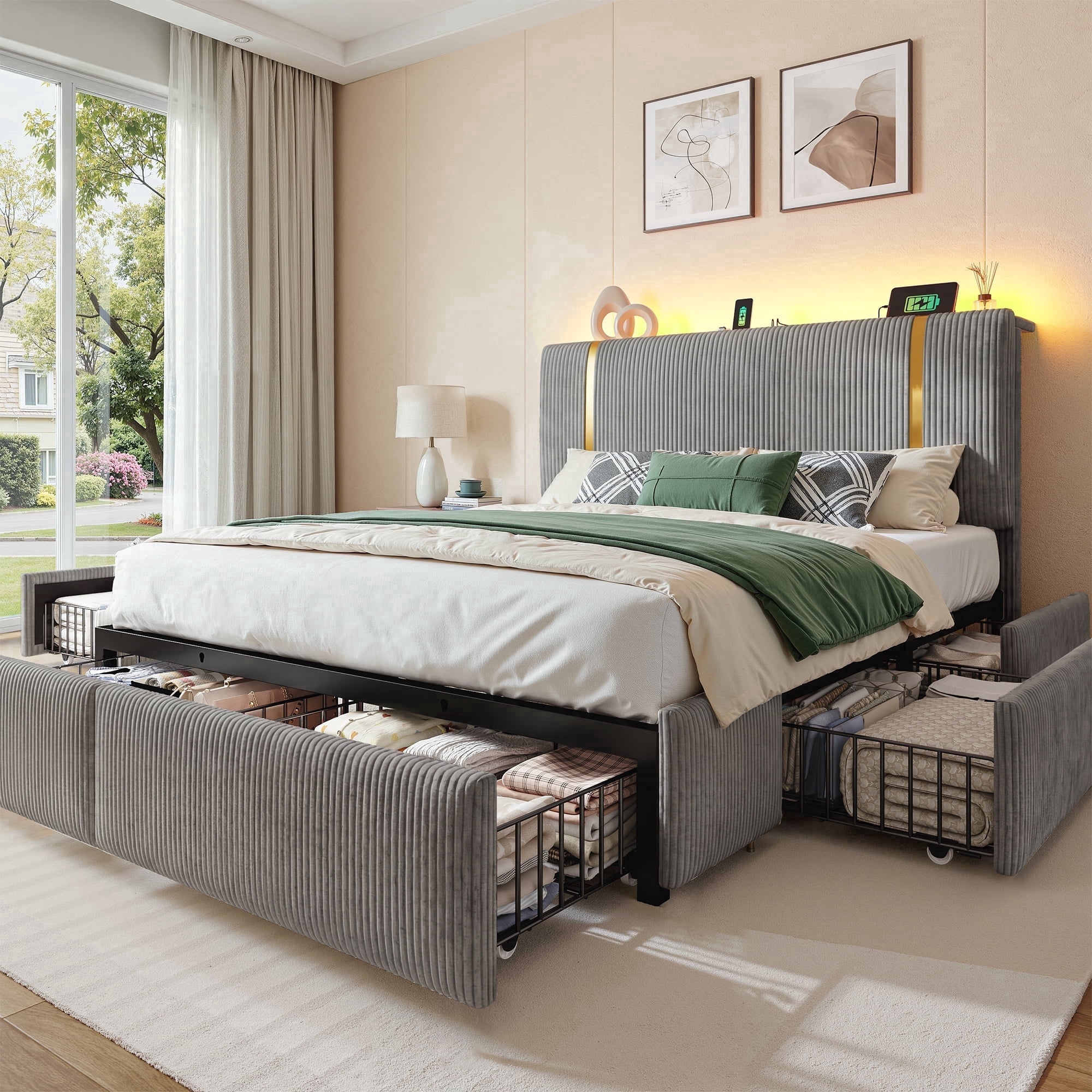 Upholstered Bed Frame with 6 Storage Drawers King Size Storage Bed Frame with LED Lights & Charge Station & Shelf & Adjustable Headboard,Grey
