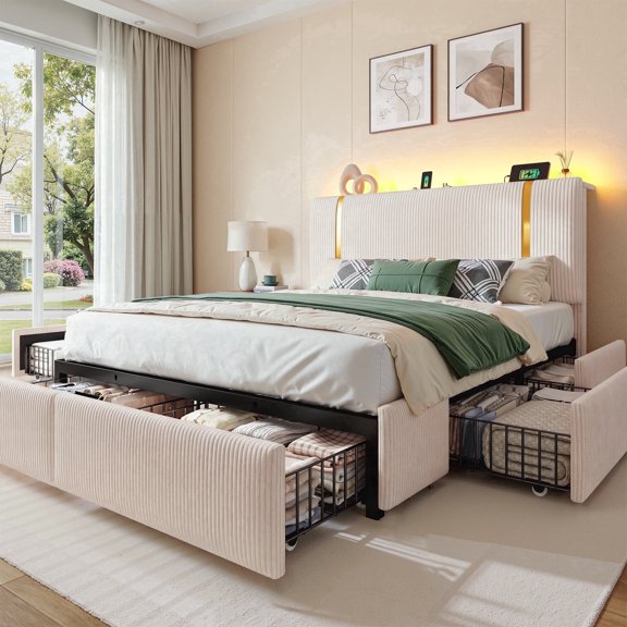 melmine Upholstered Bed Frame with 6 Storage Drawers Queen Size Storage Bed Frame with LED Lights & Charge Station & Shelf,Beige
