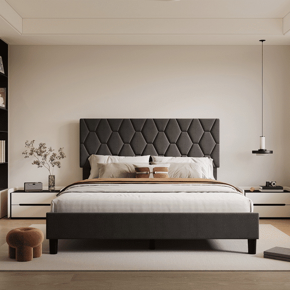 Upholstered Bed Frame with Adjustable Headboard - Diamond Tufted Platform Bed, Wood Slat Support, Noise-Free