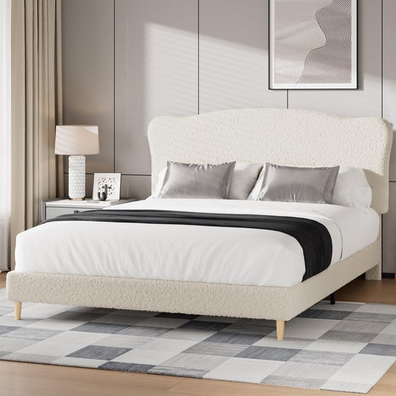 Upholstered Bed Frame with Boucle Headboard, Wood Slats Support, No Box Spring Needed, Easy Assembly, Noise-Free