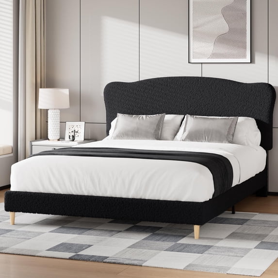 Upholstered Bed Frame with Boucle Headboard, Wood Slats Support, No Box Spring Needed, Easy Assembly, Noise-Free